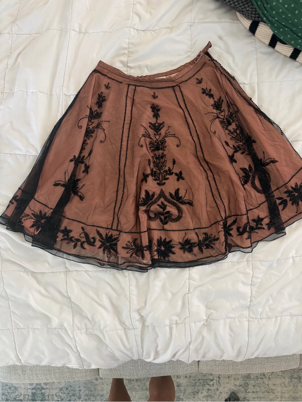 Embroidered Rose Tan Skirt with Black Overlay